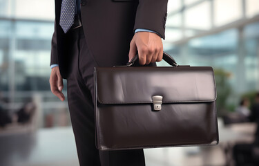 hands of businessman holding a briefcase on blurred office backg