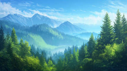 Wall Mural - A painting of a mountain range with trees and a clear blue sky