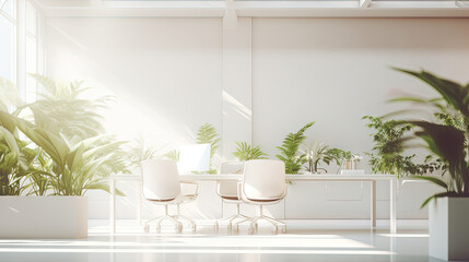 Sticker - White office interior with green plants. Greenery in the clean and bright corporate workspace.