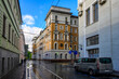 Old narrow street in center of Moscow in Russia. Cozy cityscape of Moscow. Architecture and landmarks of Moscow.