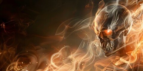 Canvas Print - Design Cover: Skullheaded Demon with Flaming Eyes on Dark Background. Concept Dark Fantasy, Fiery Gaze, Skullhead Design, Demonic Cover, Eerie Background,