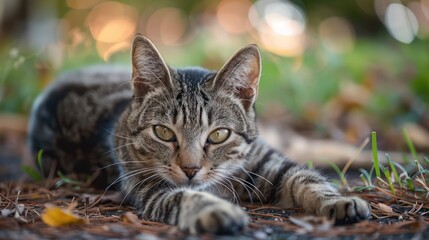 A close-up of a laid-back tabby cat relaxing among dried leaves and soft light