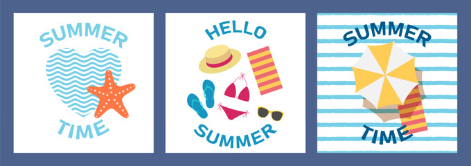 Hello summer, set of compositions, beach accessories, umbrella, flip-flops, beach towel on the sand, starfish on the background of waves, swimsuit and sunglasses.