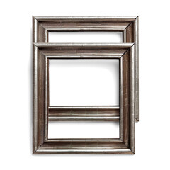 two vertical standing empty square aluminium photo frames with wide brown border isolated on a trans