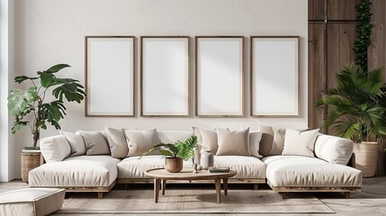 Poster - Modern living room interior with a white sofa and empty frames. Clean frame mockup