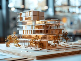 Poster - architectural scale model of futuristic skyscraper displayed in creative office environment