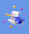 Testing concept. Checkmark answers on questionnaire paper and graduation cap. Test examination vector 3d illustration