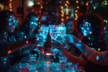 Poster - A group of people toasting with wine glasses at a party