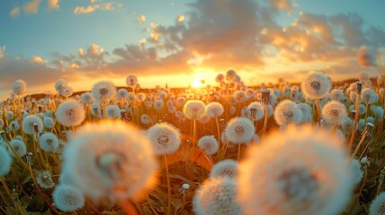 Wall Mural - A field of dandelions is in full bloom, with the sun setting in the background