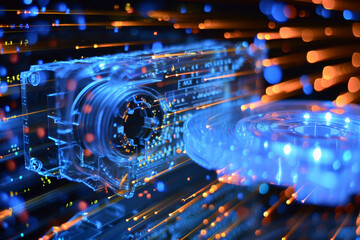 Poster - A computer generated image of a camera surrounded by blue and orange lights