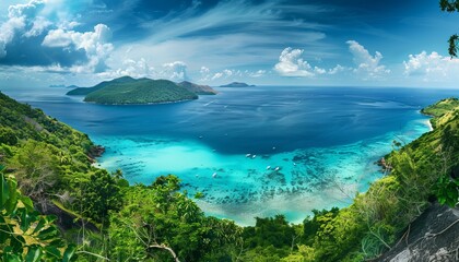 Poster - This panoramic image showcases a stunning tropical bay with clear turquoise waters, lush greenery, and distant islands