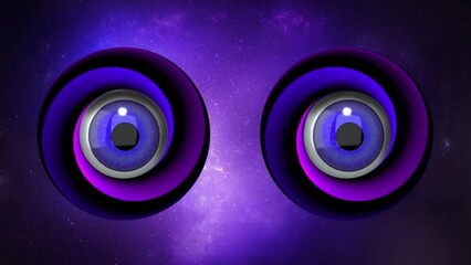 Wall Mural - Hypno Eyes Red and Purple Space 4K Loop features two eyes looking around with hypnotic swirls around each eye with a purple space-like atmosphere behind in a loop.