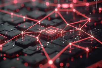 Poster - A computer chip with a square on it is surrounded by red lines