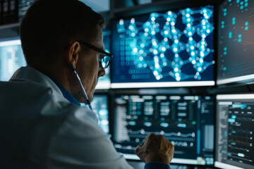 Poster - A man in a lab coat is looking at a computer screen