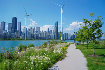 Poster - a city skyline with wind turbines in the foreground
