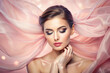 beautiful young woman in pink silk veil. Sensual Girl with make-up