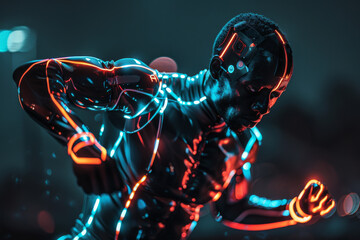 Poster - A man in a futuristic suit with glowing lines around his body