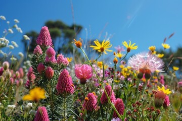 Wall Mural - a garden with a variety of flowers including pink, yellow, and purple