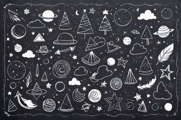 Hand drawn doodle set of space elements on chalkboard background