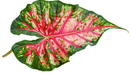 Wall Mural - A large Caladium leaf with a striking red and green pattern, isolated on transparent background