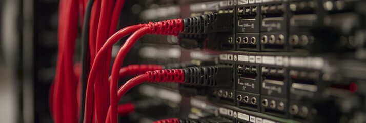 Detailed view of a server with intricate red wires connected, showcasing the inner workings of the technology