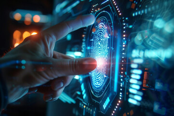 Poster - A person 's finger is pointing at a fingerprint on a screen