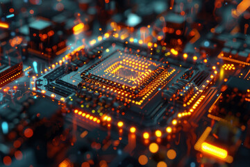 Poster - A close up of a computer chip with orange lights around it