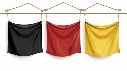 Poster - Elegant draped fabrics in black, red and yellow hanging from gold rods