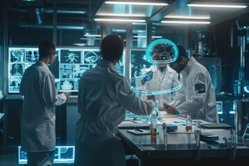 Poster - A group of scientists are looking at a computer screen