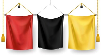 Poster - Elegant draped fabrics in black, red and yellow hanging from gold rods