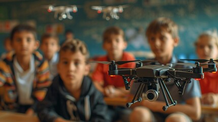 Technology fluency Young learners programming a drone in a quiet classroom, showcasing creativity and tech skills  8K , high-resolution, ultra HD,up32K HD