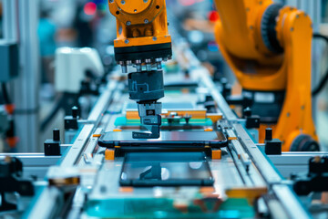 Poster - A robotic arm is moving a cell phone on a conveyor belt