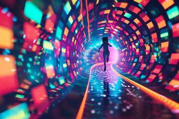Poster - A woman in a futuristic outfit is running through a colorful tunnel