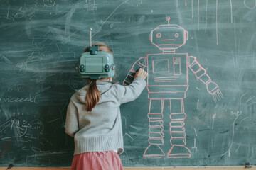 Poster - A girl wearing a virtual reality headset draws a robot on a blackboard