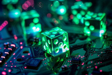 Poster - A green dice with the number 8 on it sits on a motherboard