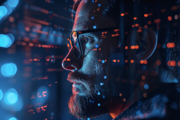 Poster - A man wearing glasses looks at a computer screen