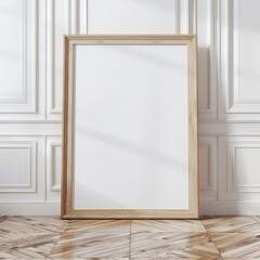 Empty picture frame on a white wall in a room with wooden floor