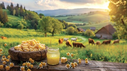 Wall Mural - a wooden table with jars of honey and other items