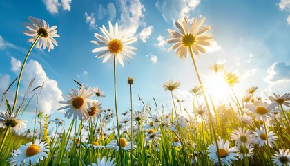 Wall Mural - Bright daisies stretching up towards a sunny blue sky symbolize hope and the joy of nature