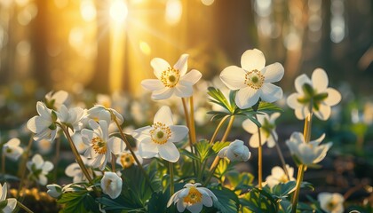 Wall Mural - A warm sunset glow softly illuminates a field of delicate white wildflowers in the spring season