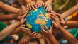 © chocoloki - a globe surrounded by diverse children hands that exudes sustainability, inclusion, diversity and education. with generative ai
