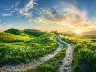 Poster - Captivating view of lush green hills under a vibrant sunset sky, with a winding dirt path disappearing into the horizon