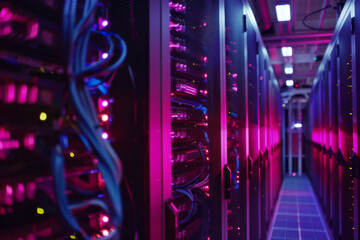 Wall Mural - A row of servers in a dark room with purple lights