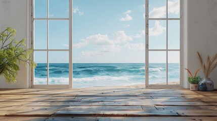 Wall Mural - A view of the ocean from a window in a room with a wooden floor. The ocean is calm and the sky is blue