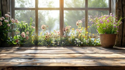 Wall Mural - A window sill with a potted plant and flowers. The flowers are in a vase and are in full bloom