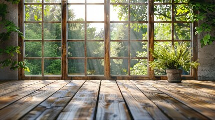 Wall Mural - A large window with a potted plant in front of it. The room is empty and the sunlight is shining through the window