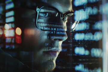 Poster - A man wearing glasses looks at a screen with numbers on it
