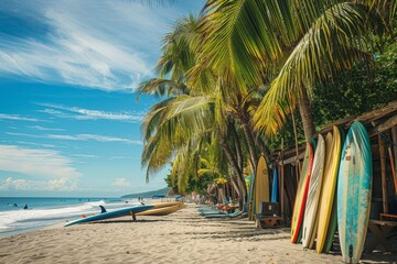 Canvas Print - Surfboards lined up on sandy beach with palm trees in the background, A beach lined with palm trees and surfboards