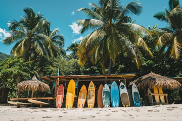 Sticker - Multiple surfboards neatly arranged along the sandy beach under palm trees, A beach lined with palm trees and surfboards