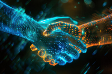Poster - A blue and orange handshake with a dark background